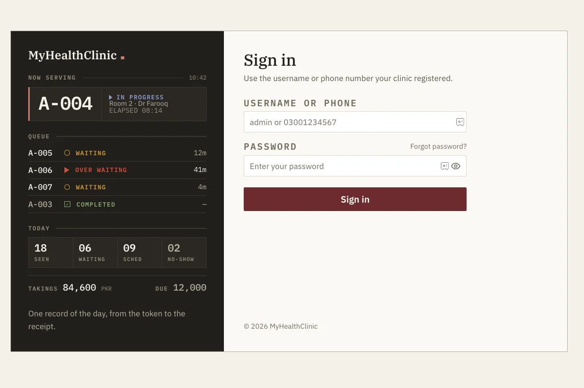 MyHealthClinic sign-in with live queue